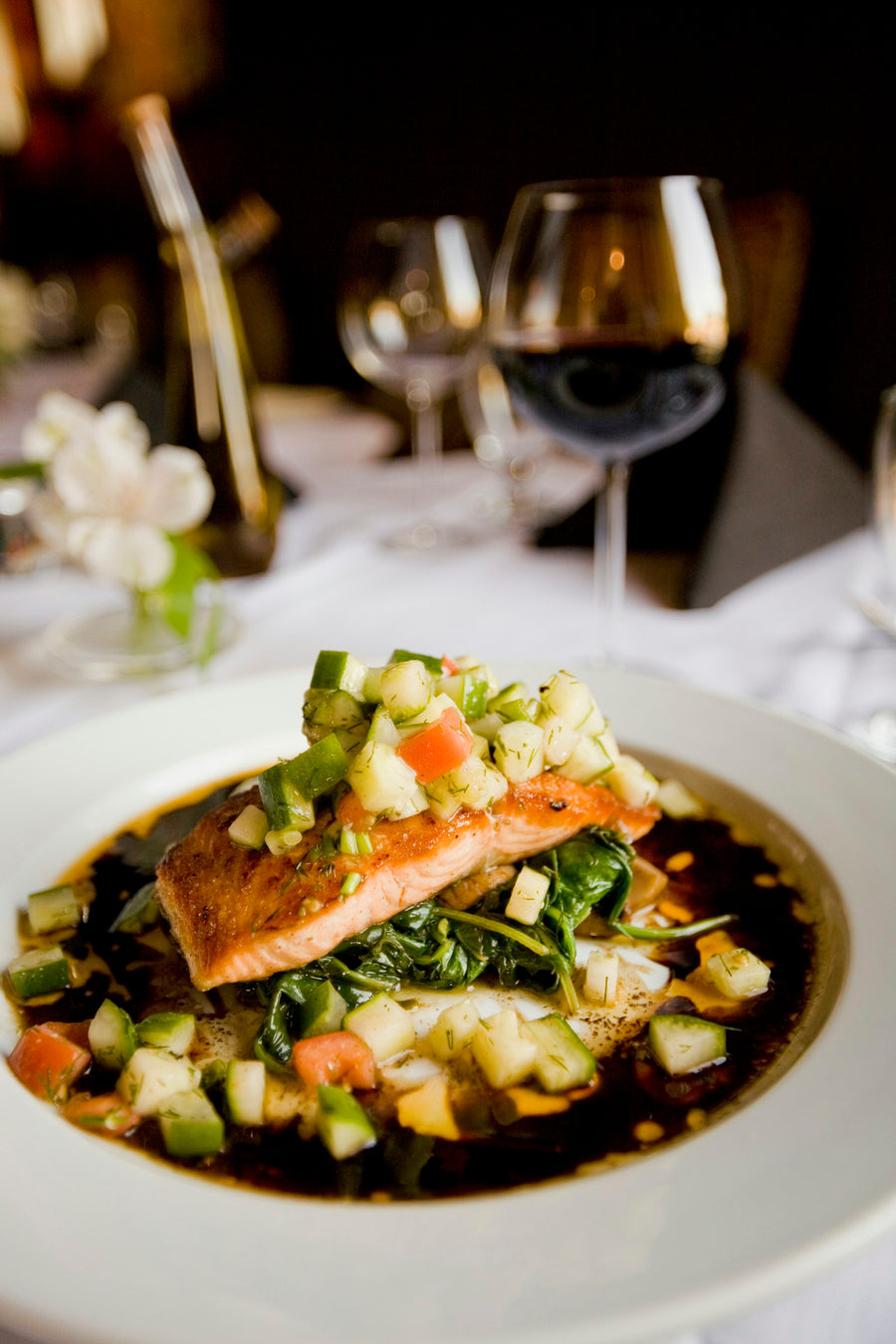 Grilled salmon with glaze on a plate